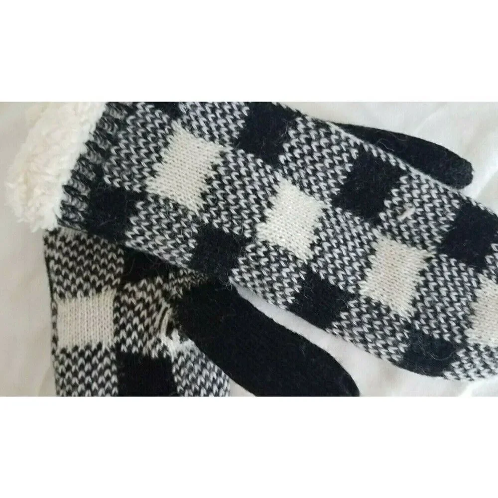 Women's Mittens Sherpa Black Gray & White Buffalo Plaid Winter